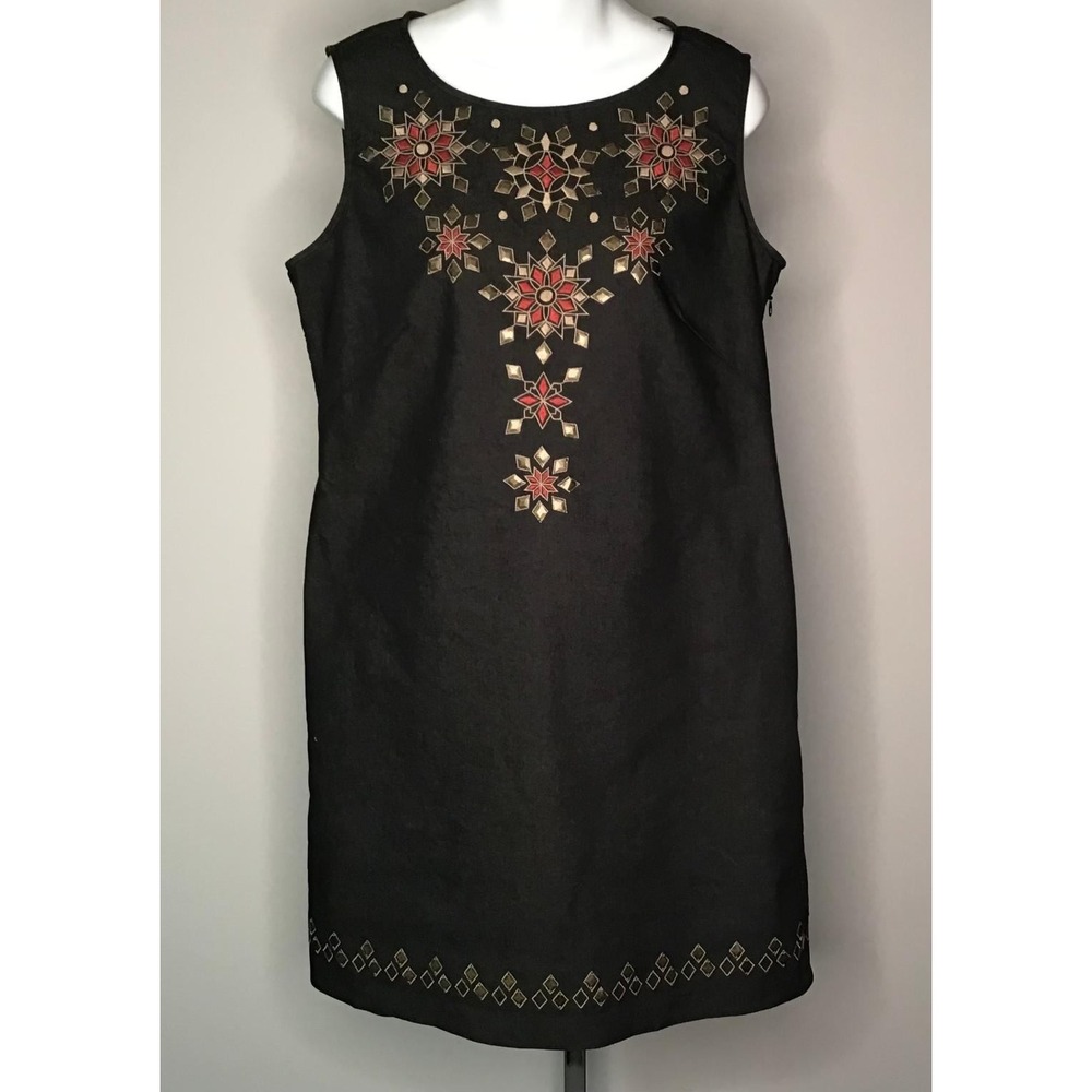 Dana Buchman Black Embroidered Studded Shift Dress 12‎ Boho Lagenlook Whimsigoth